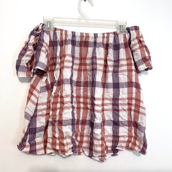 EXPRESS Plaid Off the Shoulder Blouse White Mauve Rose Pink Short Sleeve Summer - Picture 9 of 12
